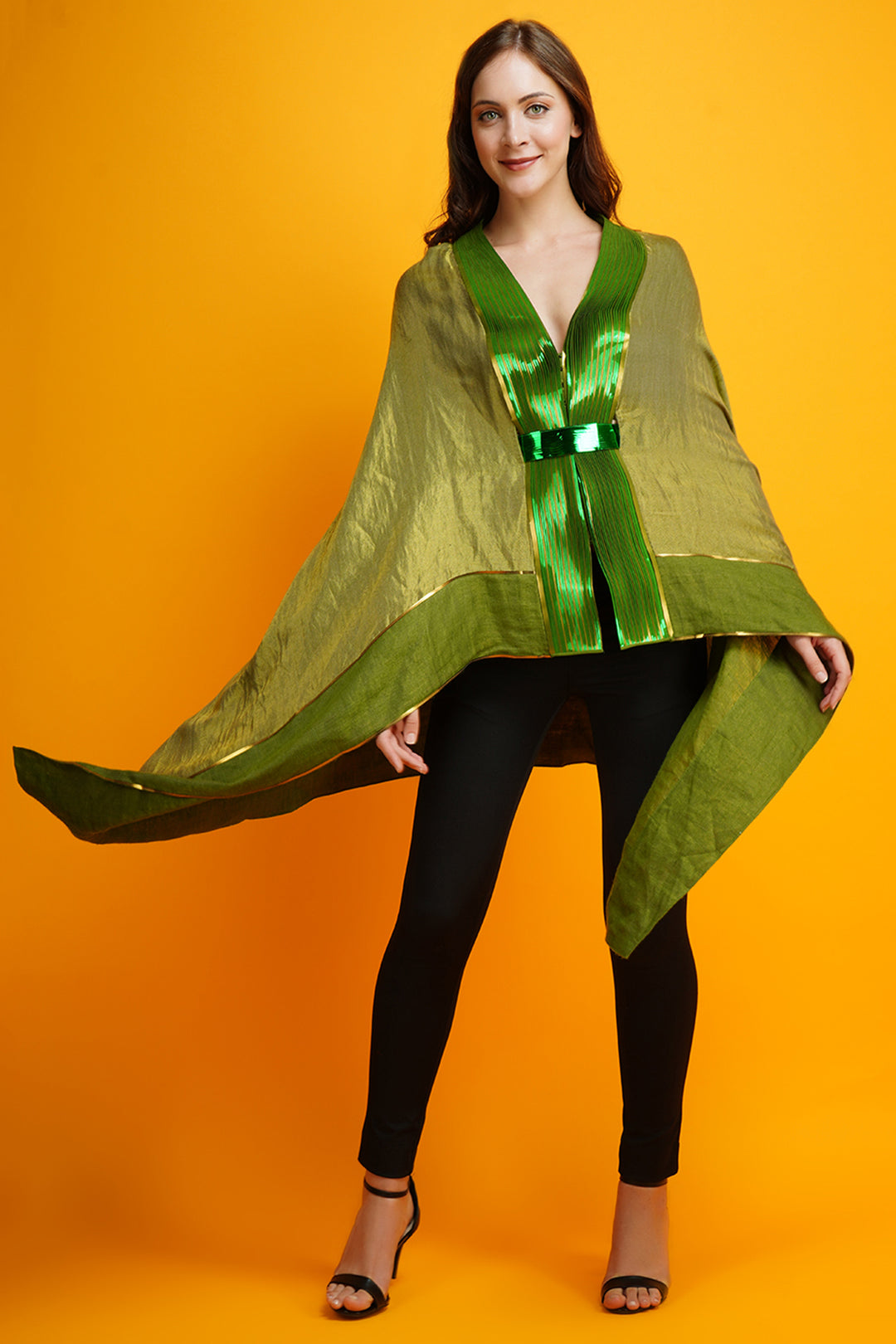 '-  Metallic Drapped Green Pashmina Shawl by Amit Agarwal