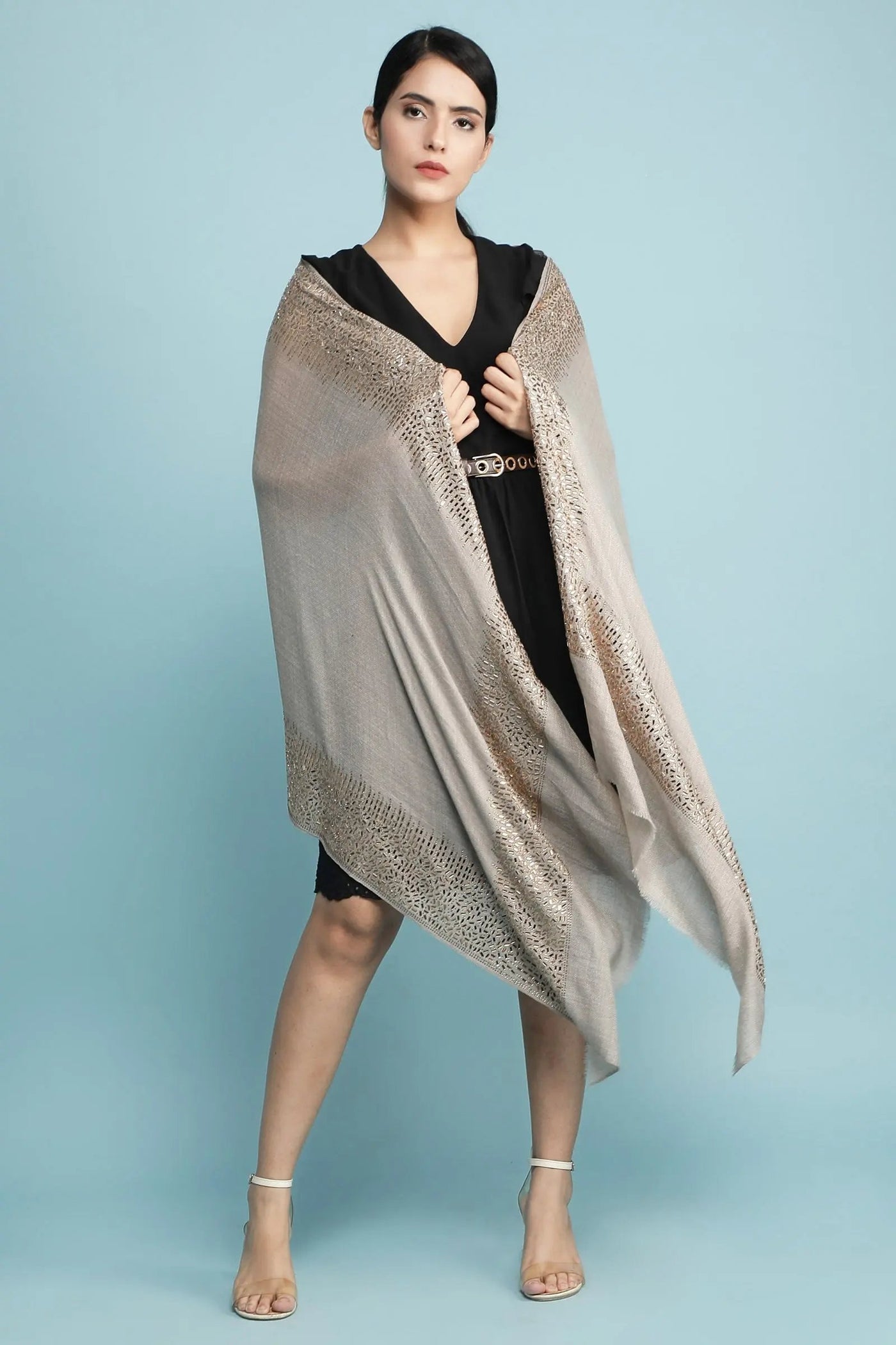 -  Pashmina Blend With Geometrical Mirror Work