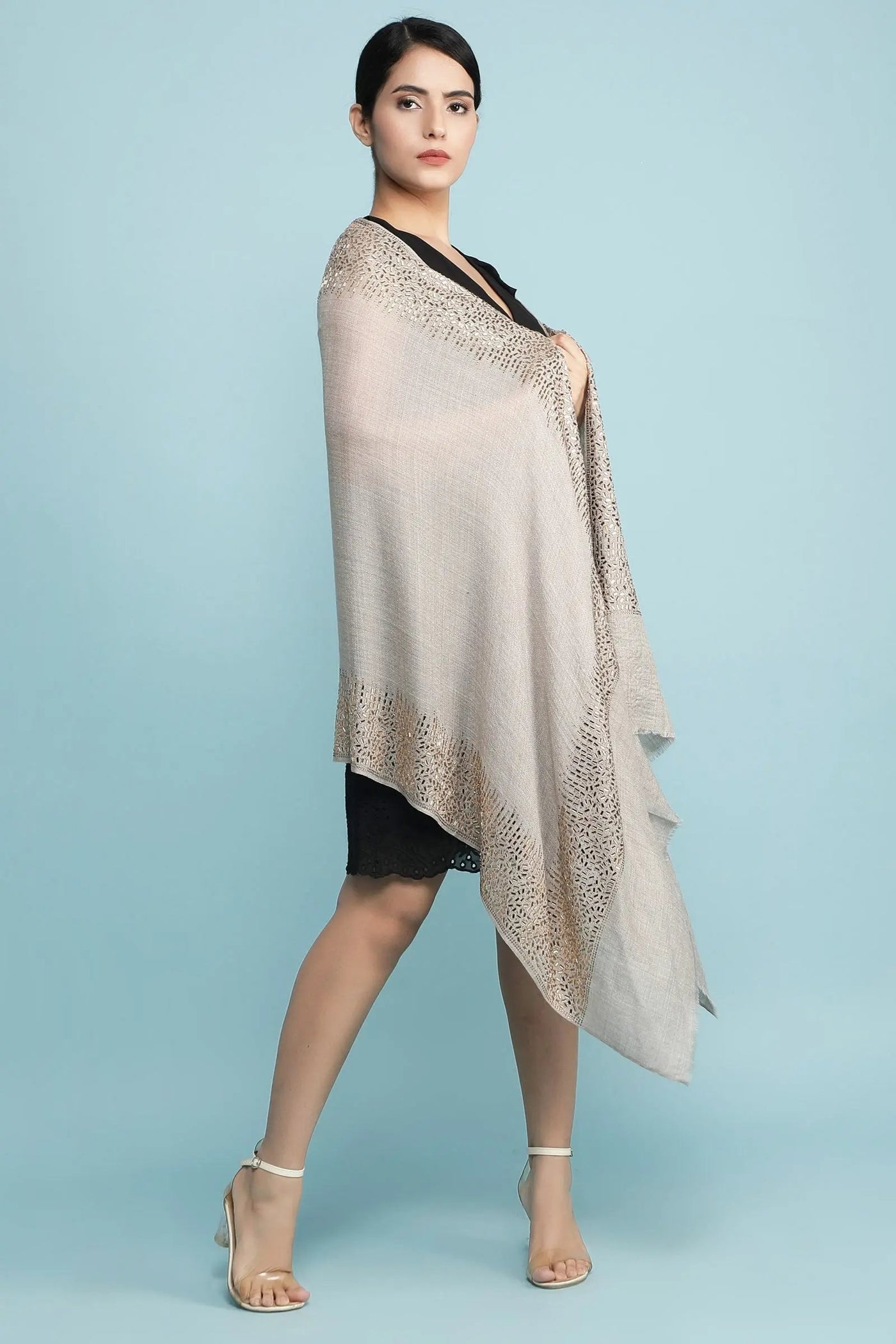 -  Pashmina Blend With Geometrical Mirror Work