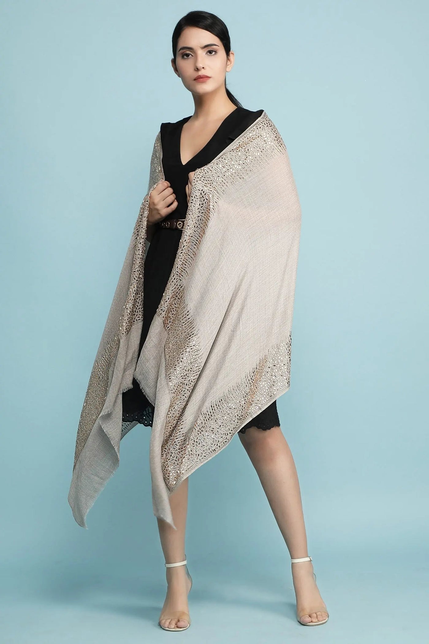 -  Pashmina Blend With Geometrical Mirror Work
