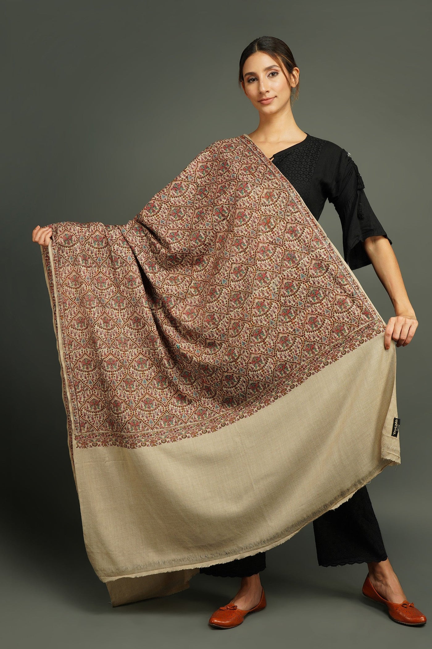 -  Masoom Minawala In Pashmina Wool In Hand Thread Sozni Jail Work Shawl