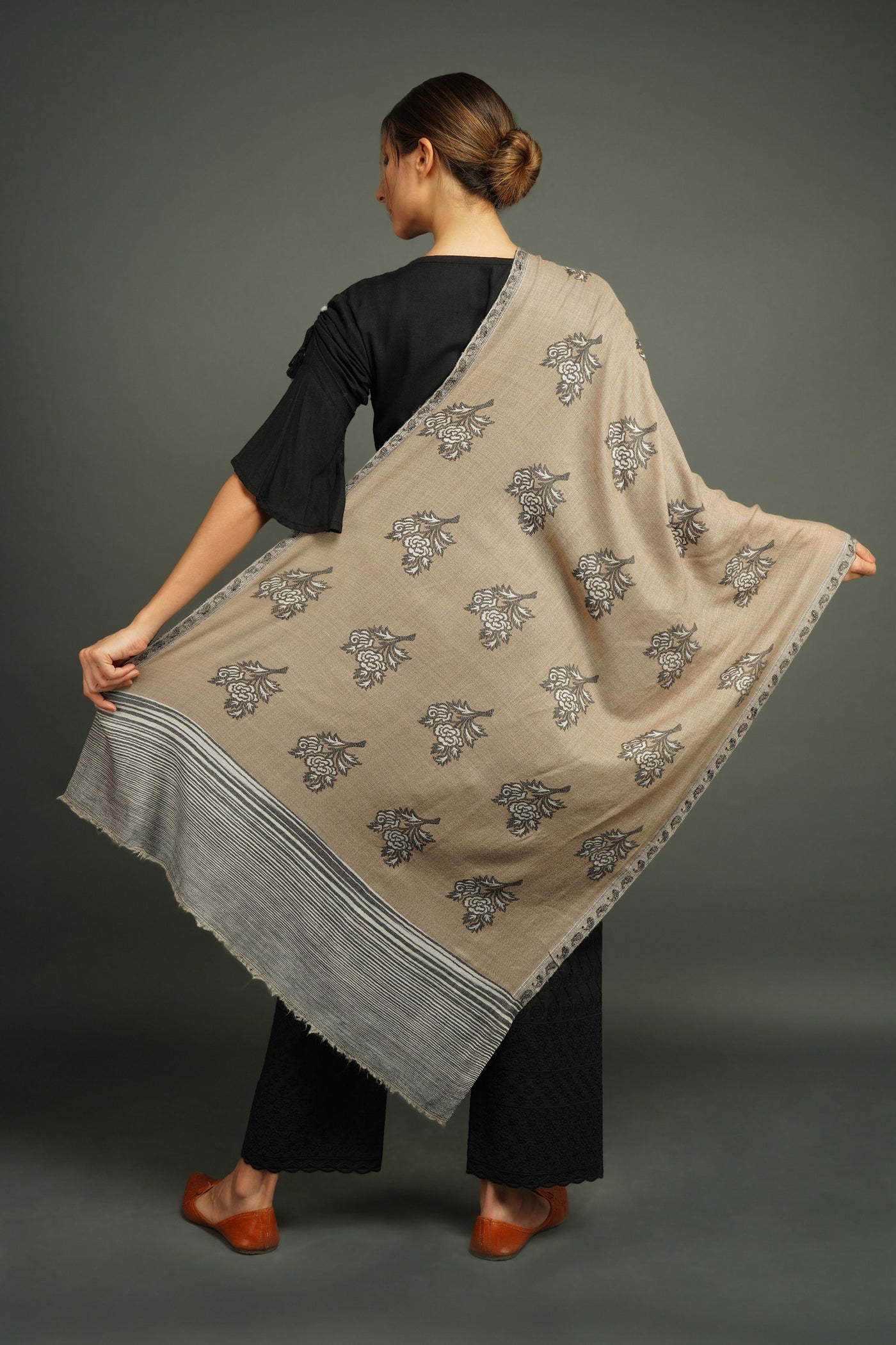 -  Pashmina Blend Woven Foral In Geometrical Pattern