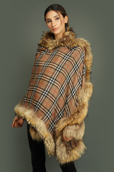 -  Pashmina Fur Border Stole In Checkered Design