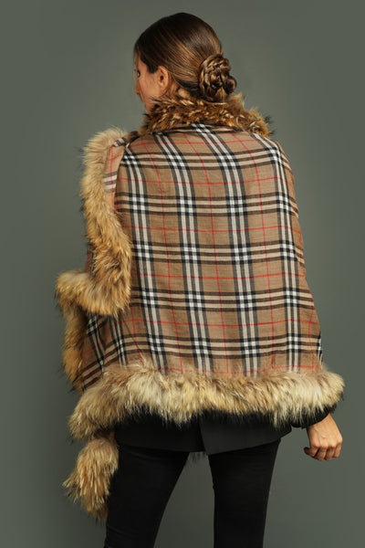 -  Pashmina Fur Border Stole In Checkered Design