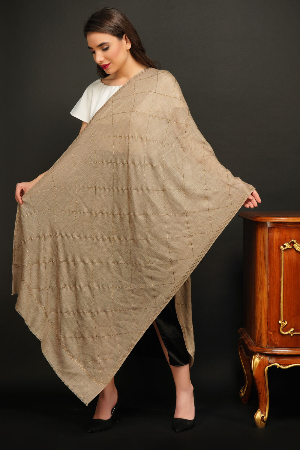 '-  Pashmina Blend With Diagonal Stone Work