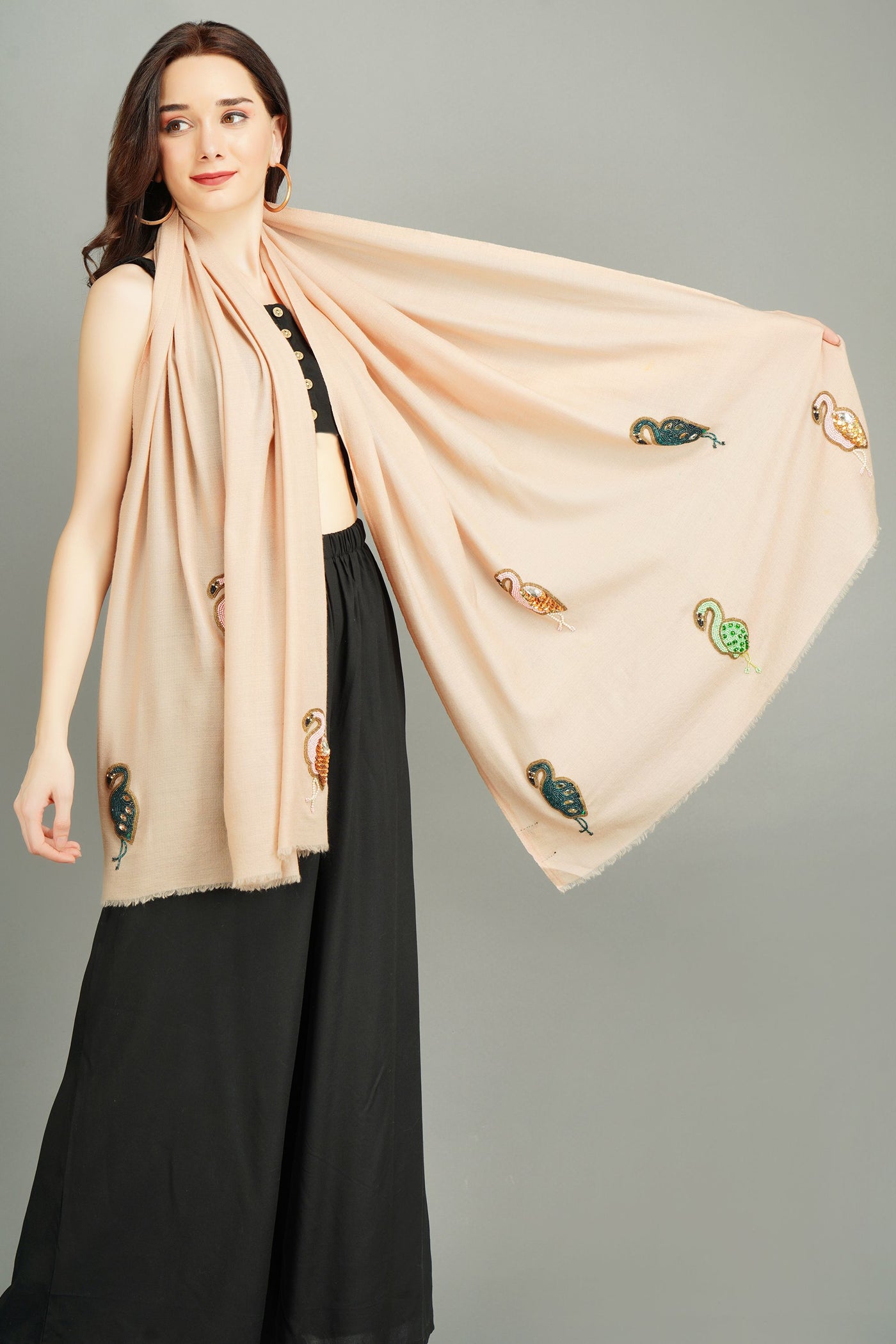 Cashmere Wool With Swan Work Stole