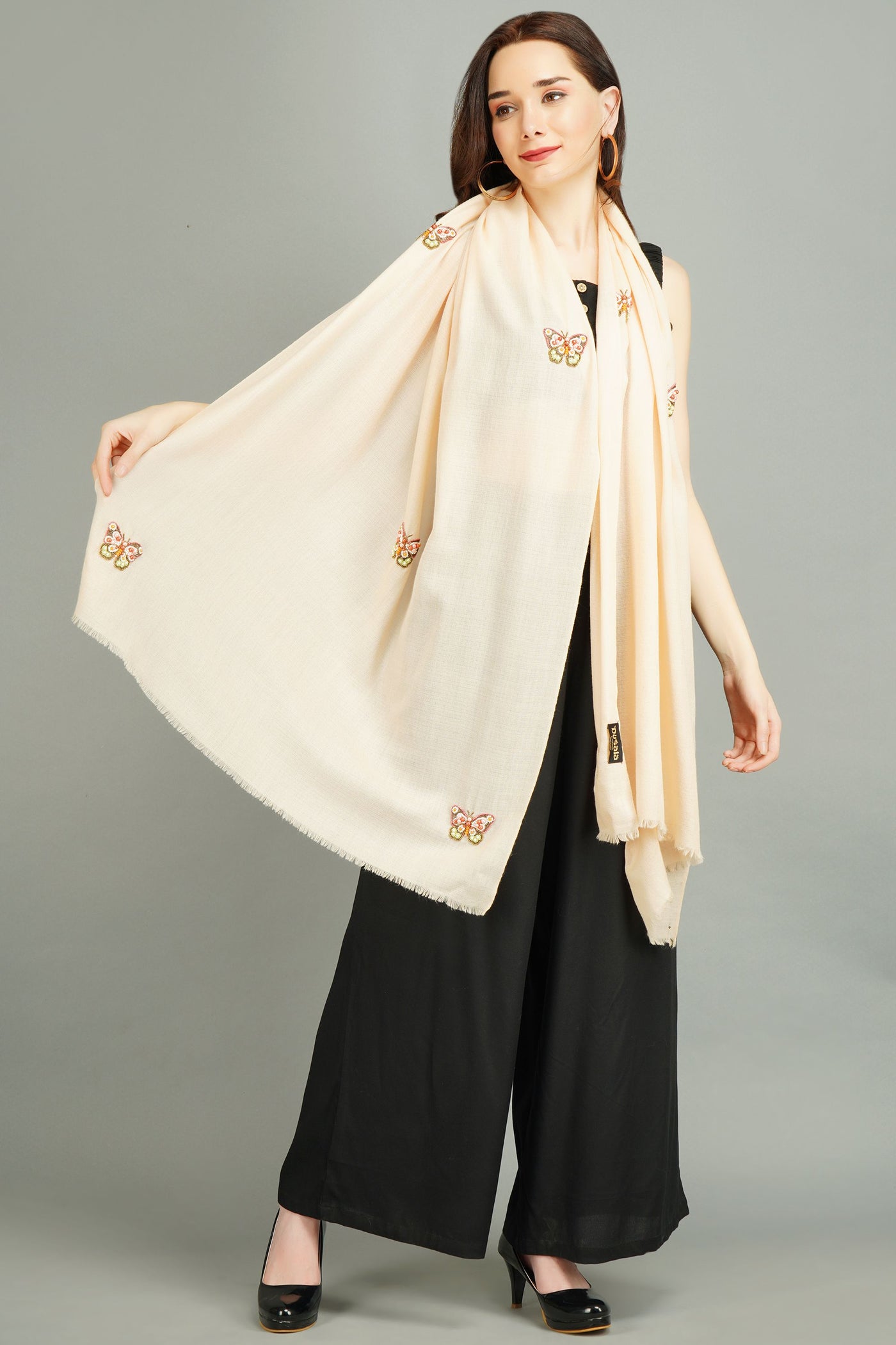-  Cashmere Wool With Butterfly Work Stole