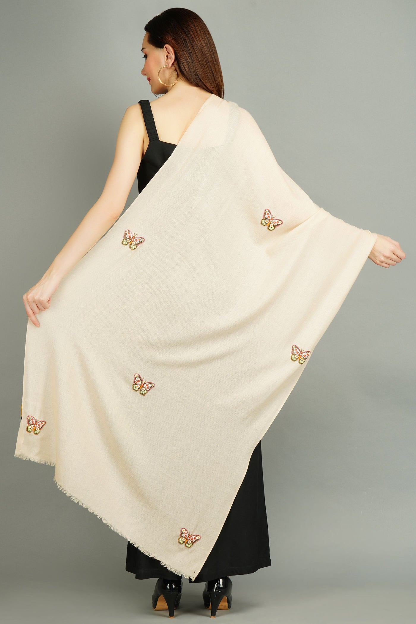 -  Cashmere Wool With Butterfly Work Stole