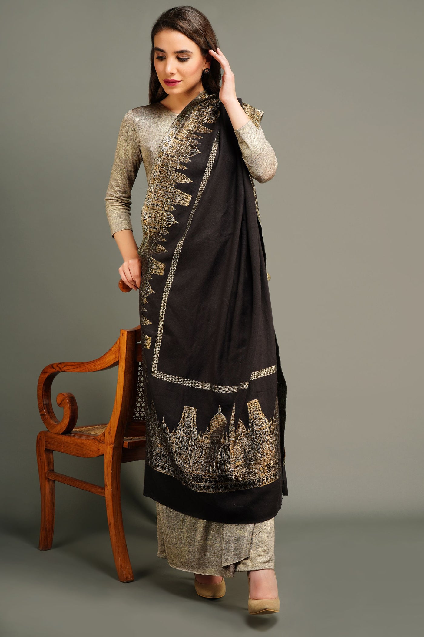 -  Pashmina Gold Resham Aari Thread Work Shawl