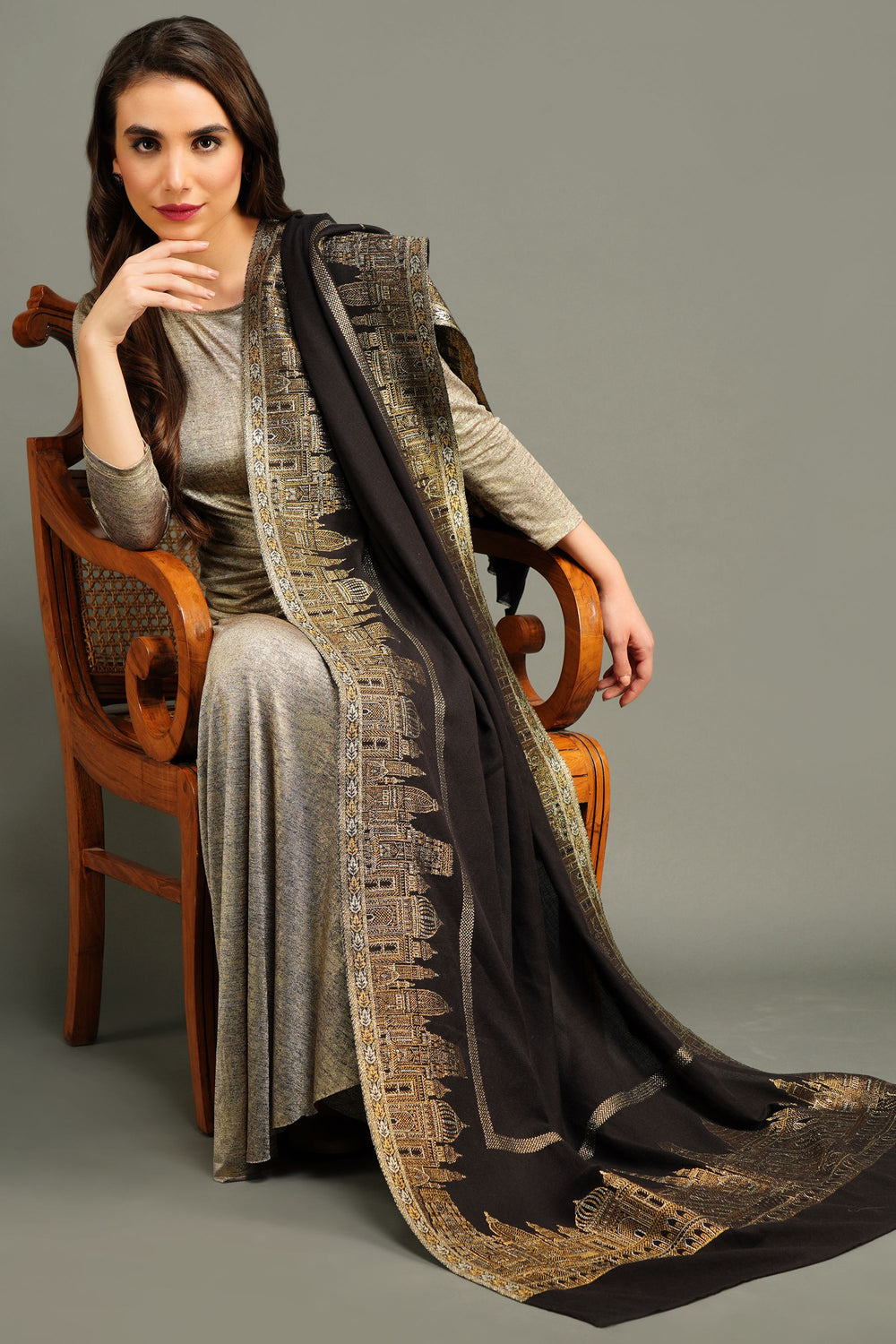 '-  Pashmina Gold Resham Aari Thread Work Shawl