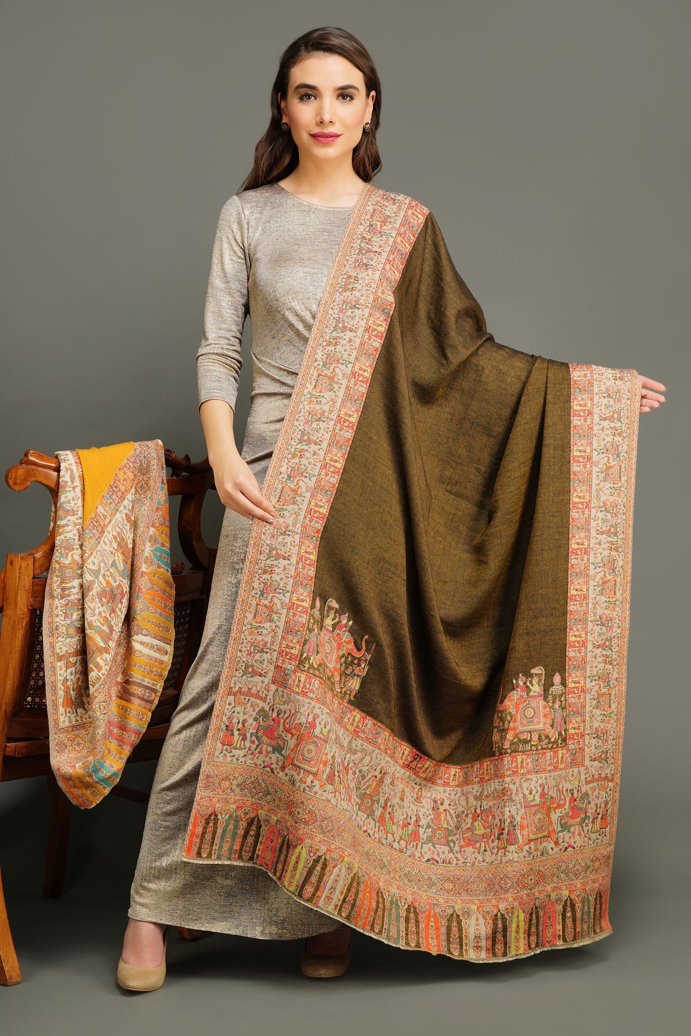 -  Pashmina Wool In Antique Jamawar Paisley Design