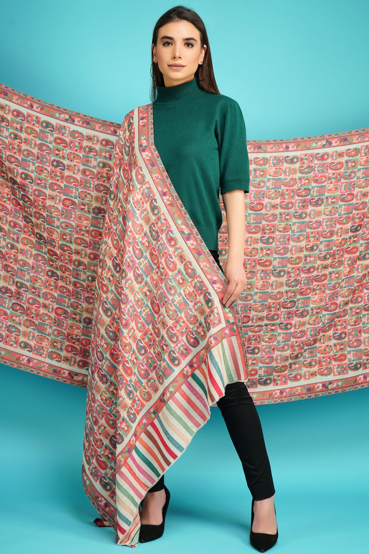 -  Cashmere Multicolor Kani Weave Shawl
