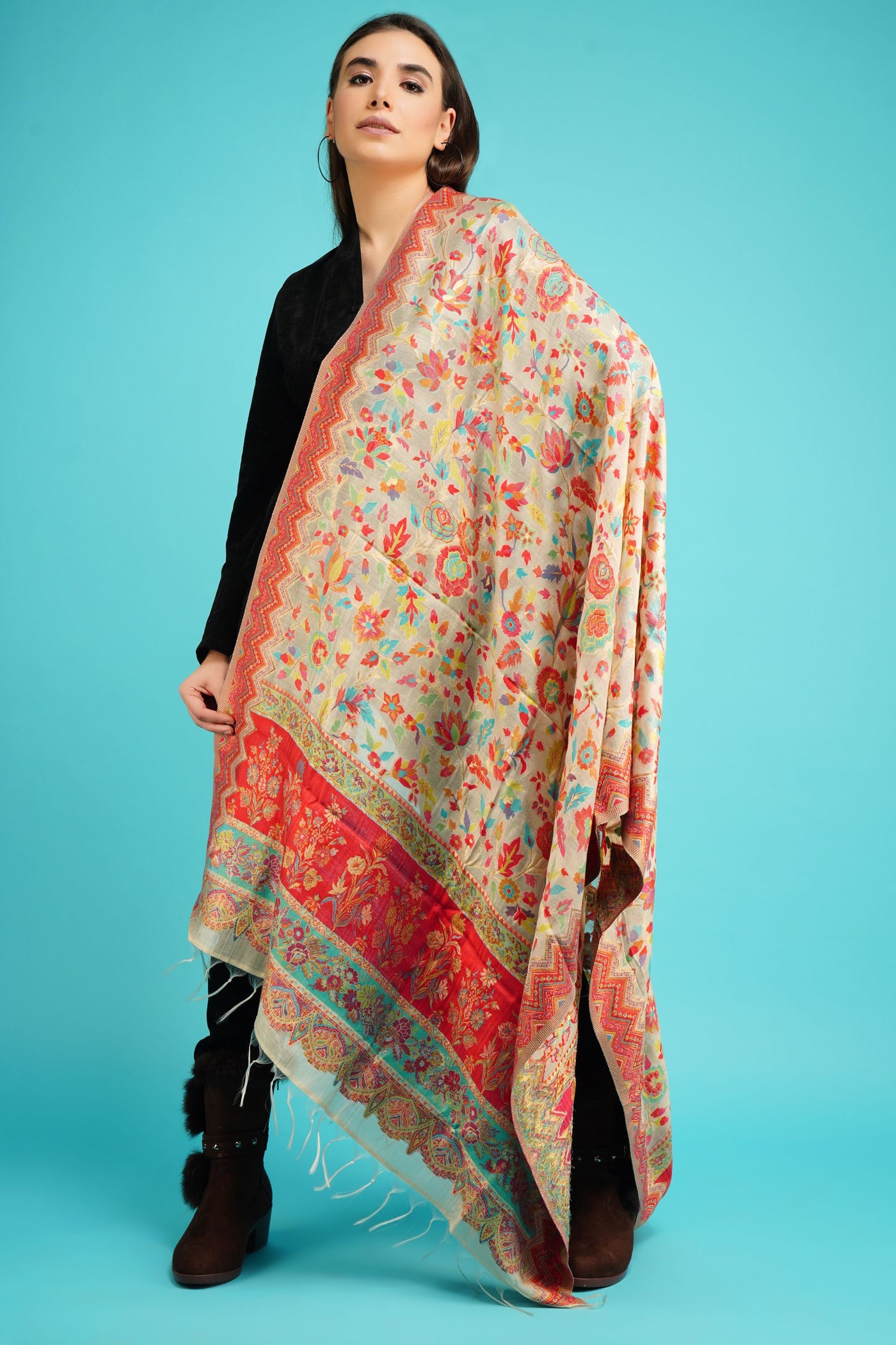 -  Cashmere Multicolor Kani Weave Shawl