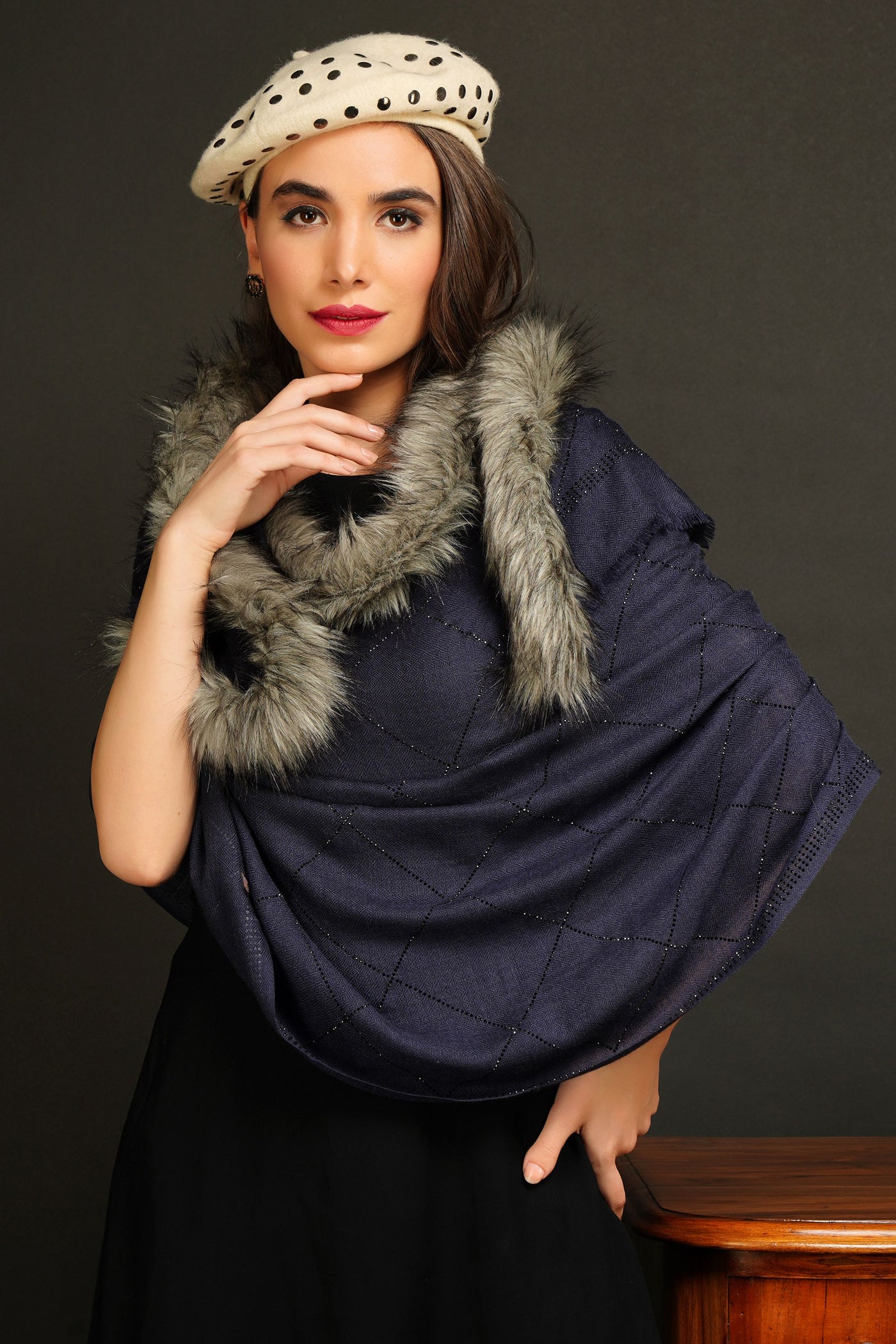 -  Fur Collar With Stone Work Pashmina Stole