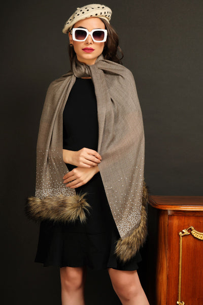 -  Pashmina Blend Stone Work With Both Side Fur Border