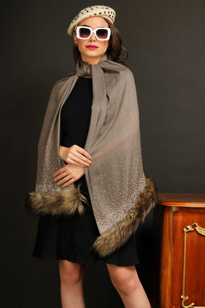 -  Pashmina Blend Stone Work With Both Side Fur Border