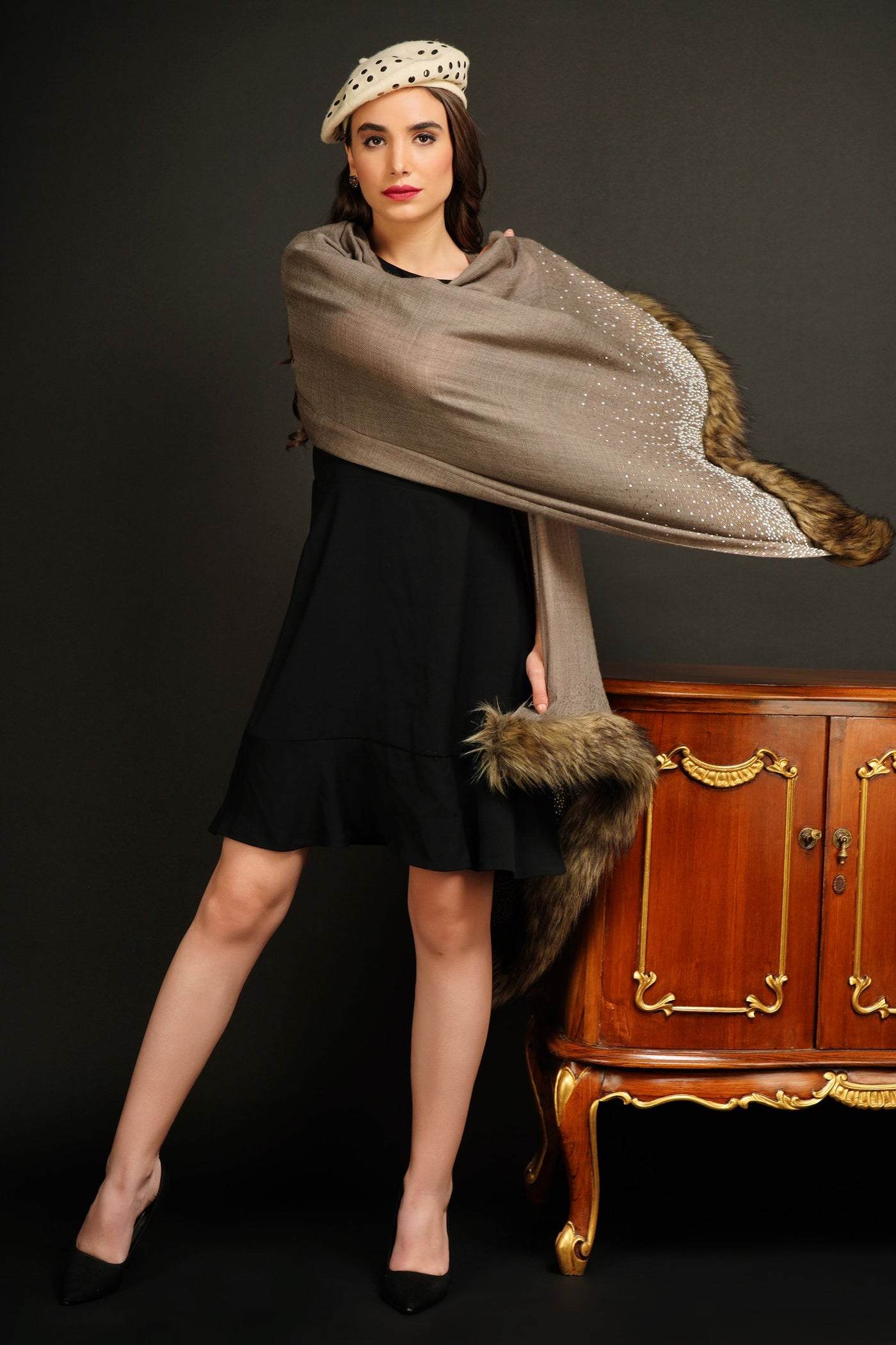 -  Pashmina Blend Stone Work With Both Side Fur Border