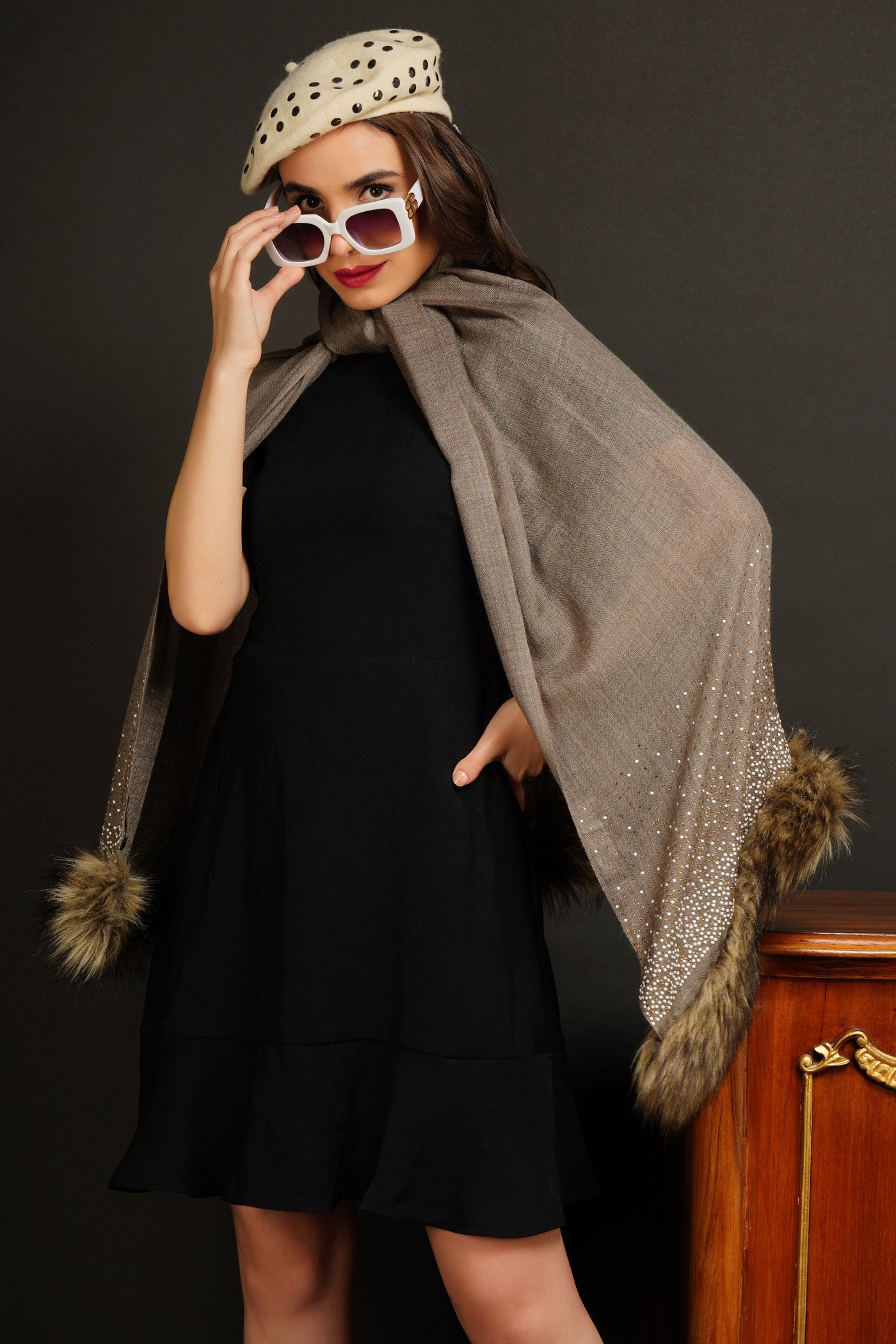 -  Pashmina Blend Stone Work With Both Side Fur Border