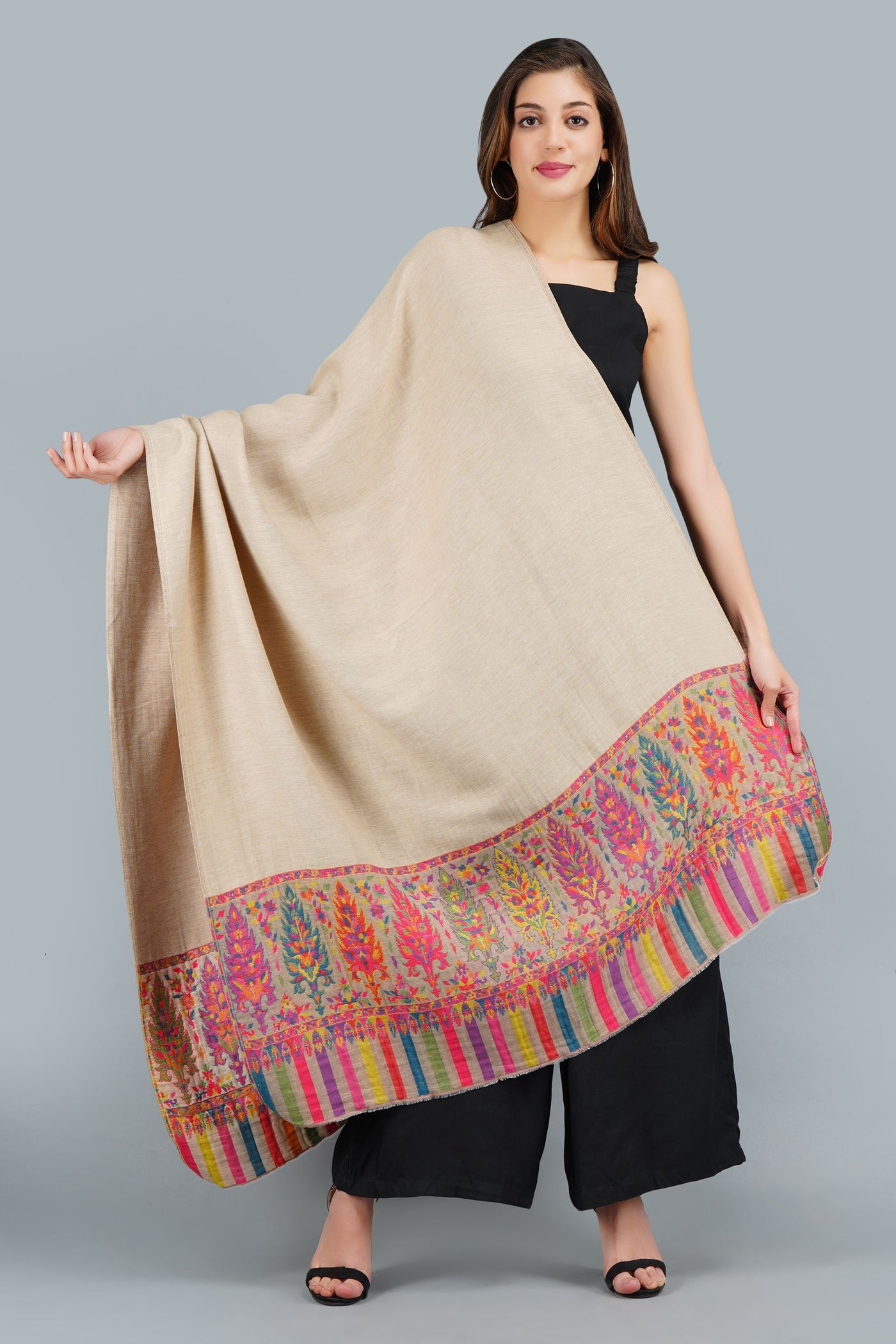 -  Pashmina Blended With Wool Multicolor Kani Weave Border Stole