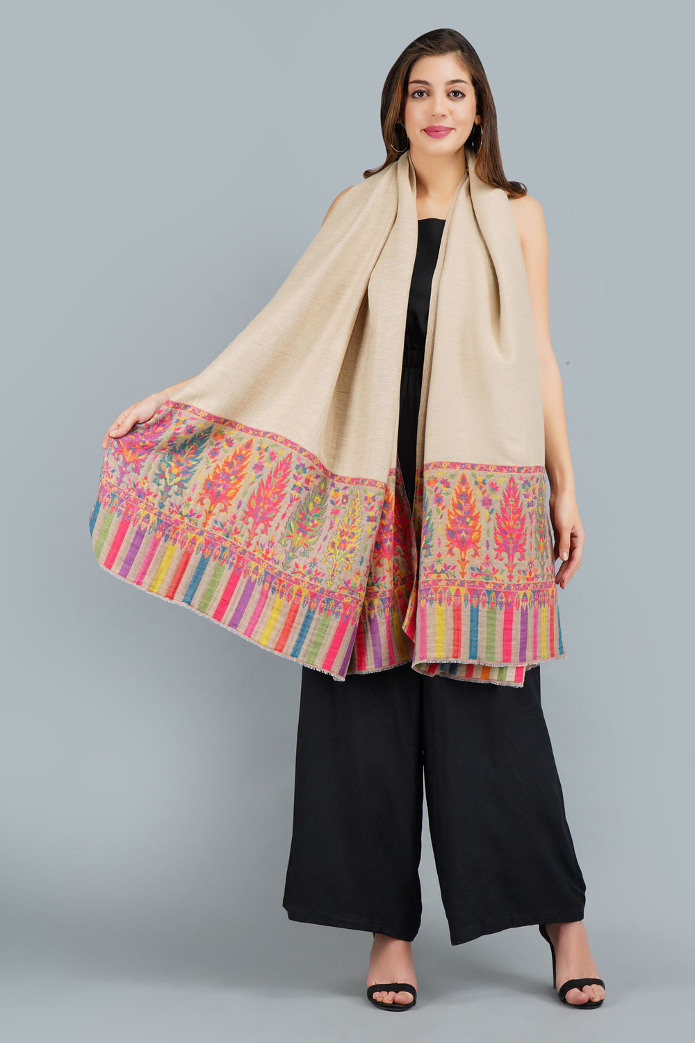 '-  Pashmina Blended With Wool Multicolor Kani Weave Border Stole