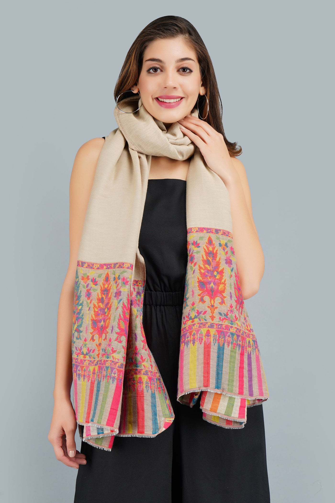 Pashmina Blended With Wool Multicolor Kani Weave Border Stole