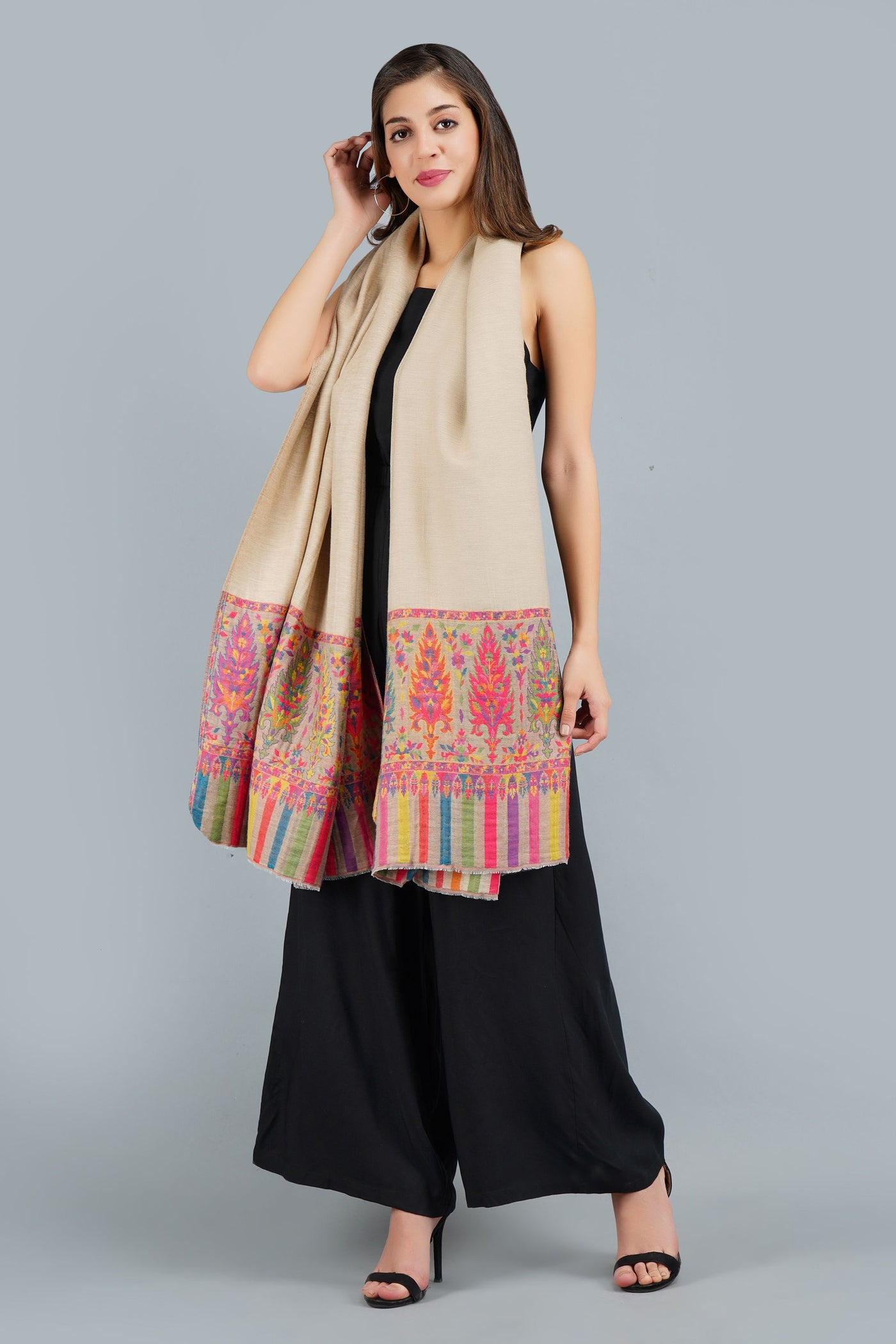 -  Pashmina Blended With Wool Multicolor Kani Weave Border Stole