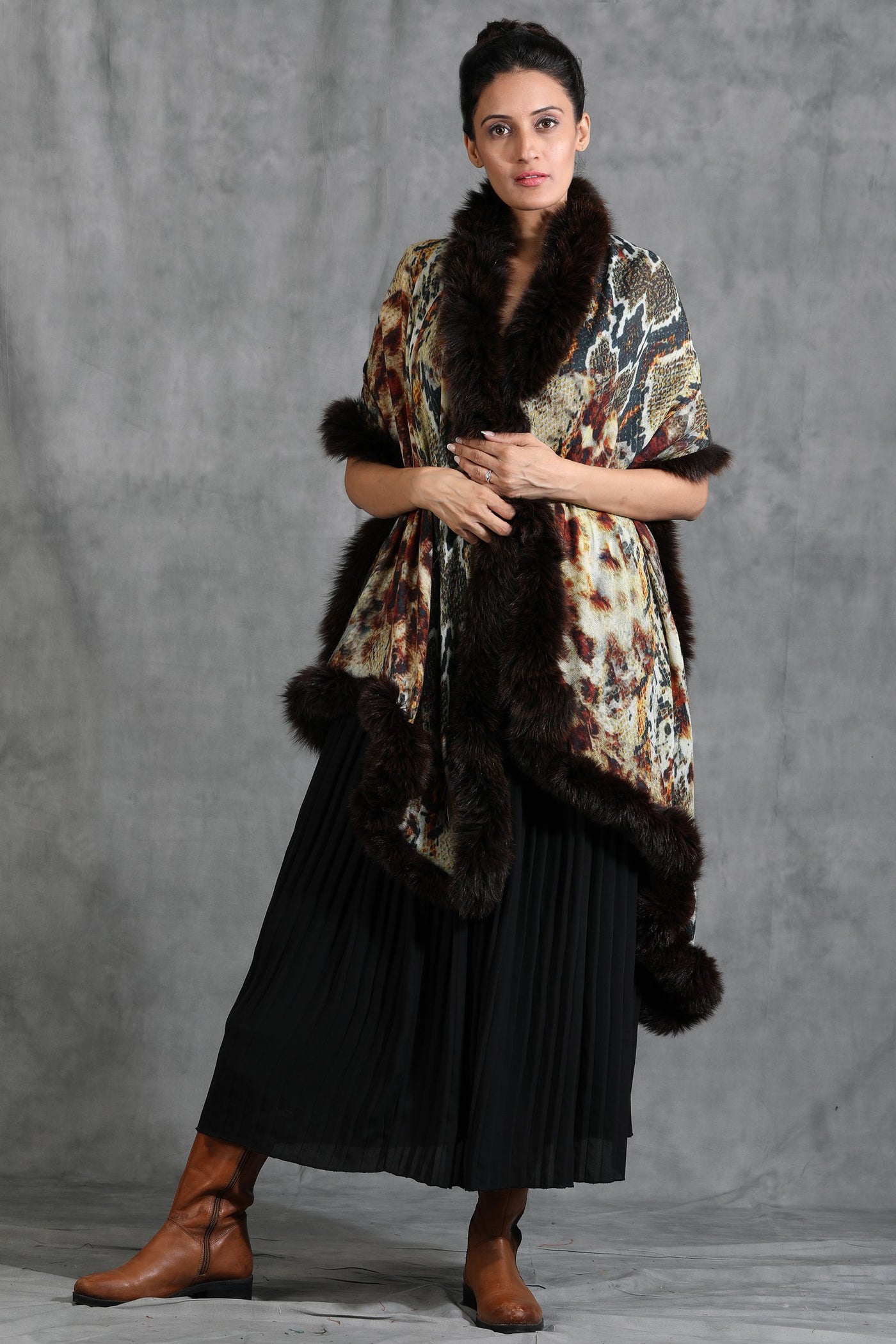 -  Cashmere Animal Print Stole With High Quality Ombre Fur Stole