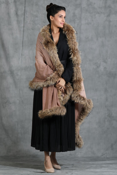 -  Cashmere Plain Stole With Hight Quality Ombre Fur Stole