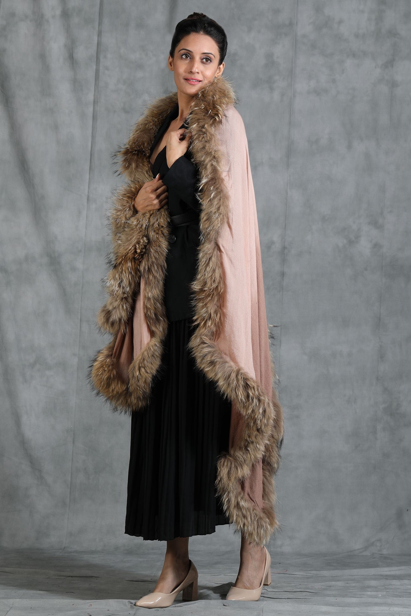 -  Cashmere Plain Stole With Hight Quality Ombre Fur Stole