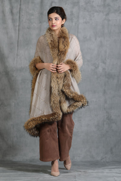 -  Cashmere Fine Wool Diagonal Stone Work With 4 Sides High-Quality Fur Stole