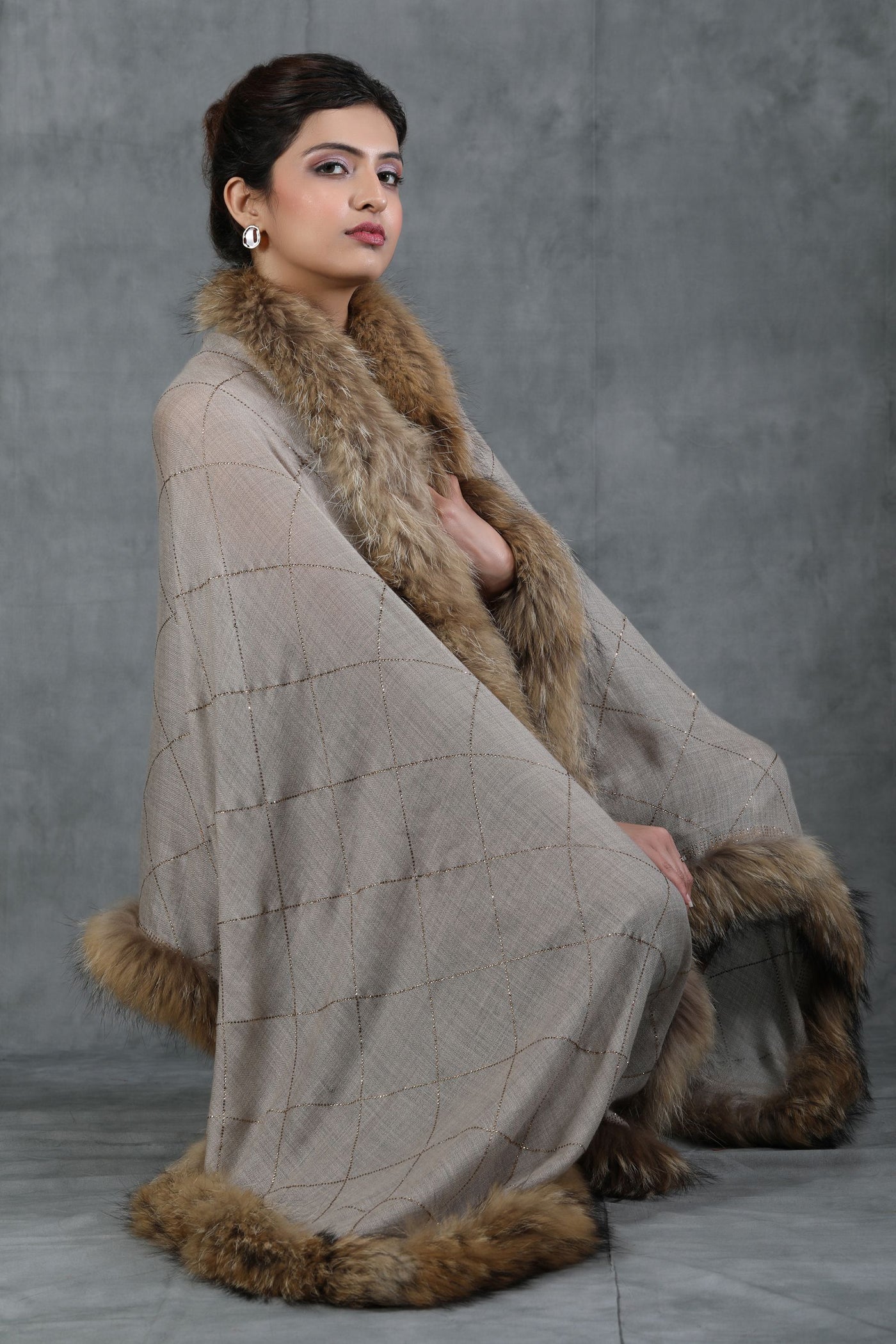 Cashmere Fine Wool Diagonal Stone Work With 4 Sides High-Quality Fur Stole