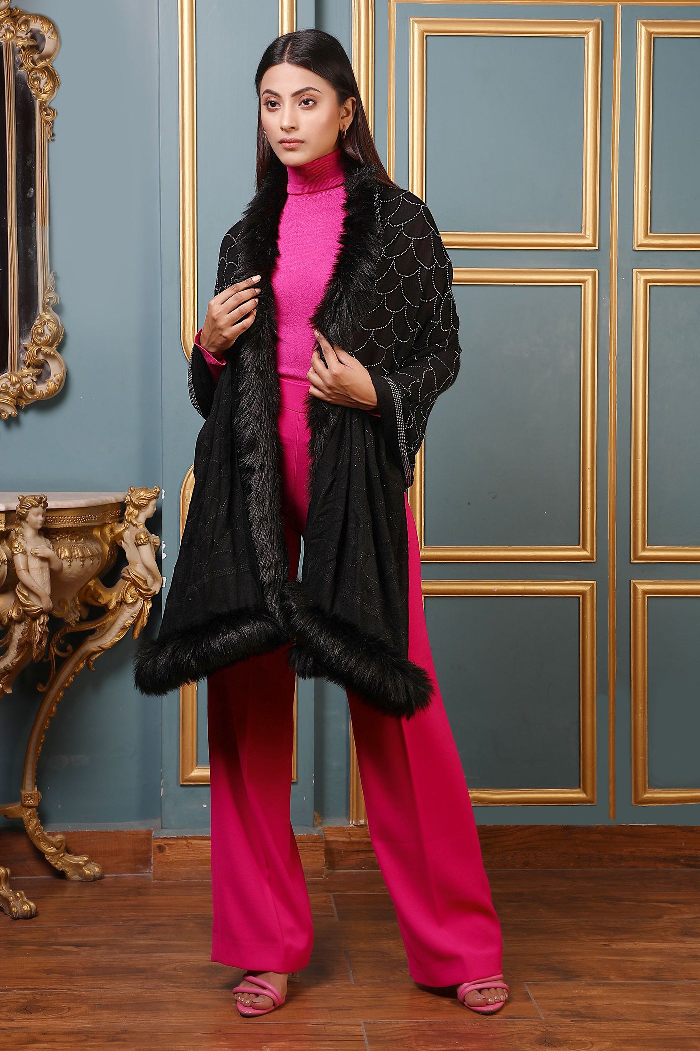 -  Cashmere Lite Jaal Stone Work Fur Stole
