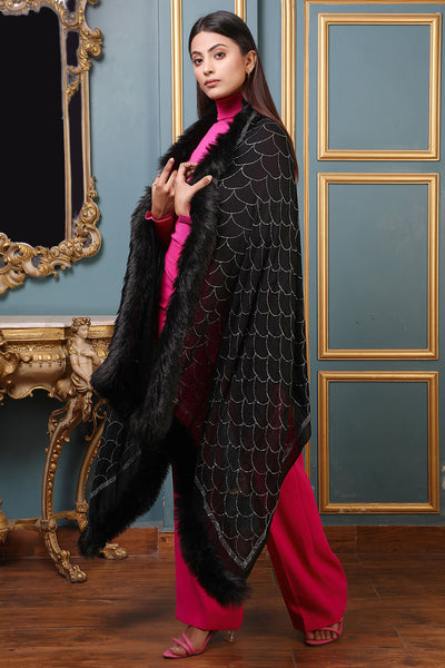 -  Cashmere Lite Jaal Stone Work Fur Stole