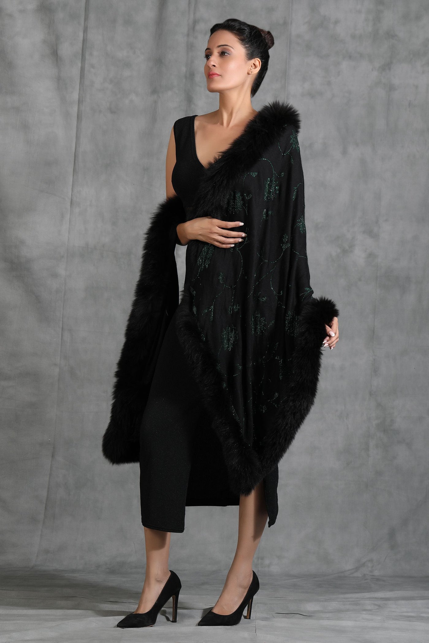 -  Cashmere Flower Design Stone Work Fur Stole