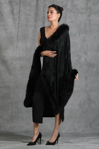 -  Cashmere Flower Design Stone Work Fur Stole