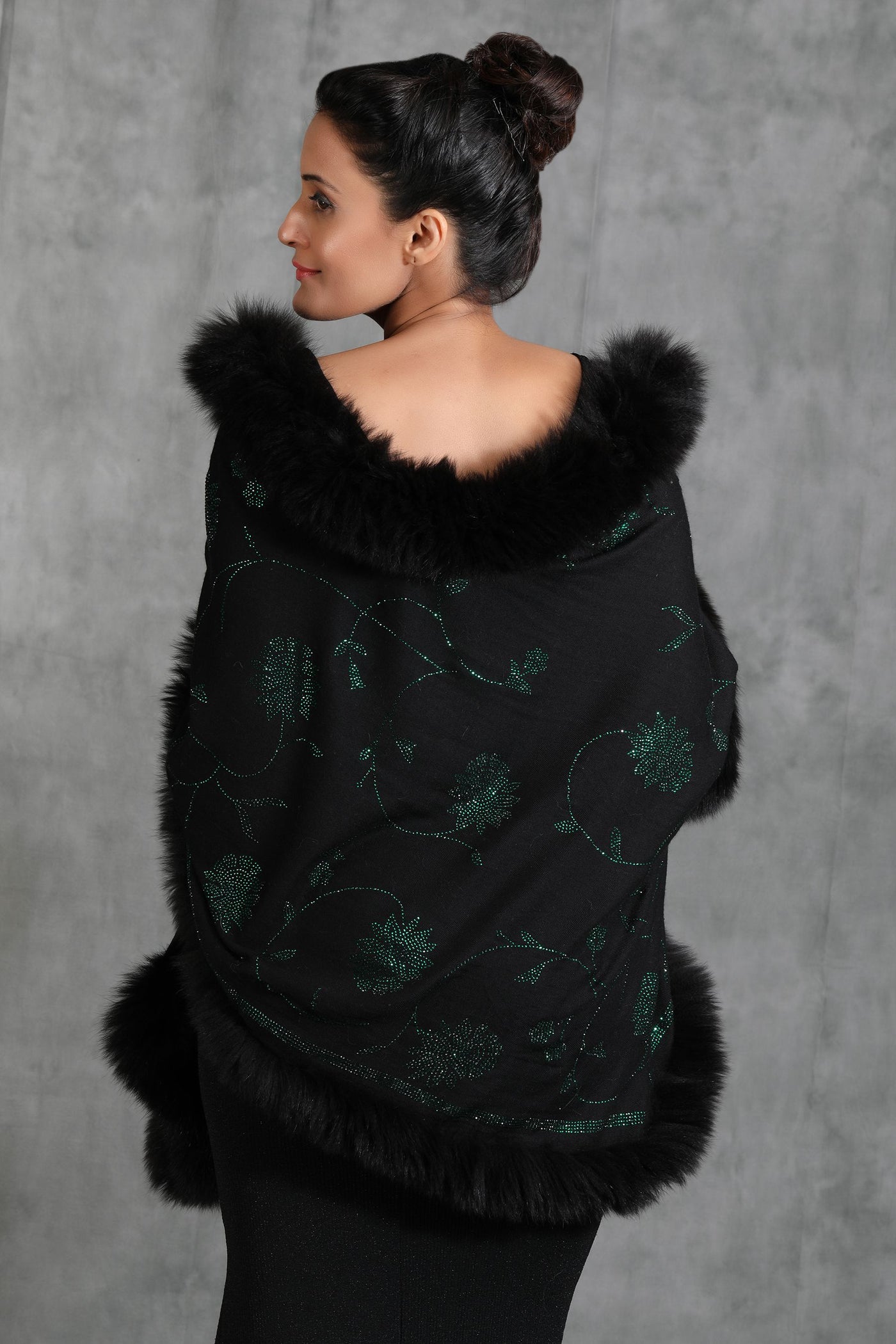 -  Cashmere Flower Design Stone Work Fur Stole