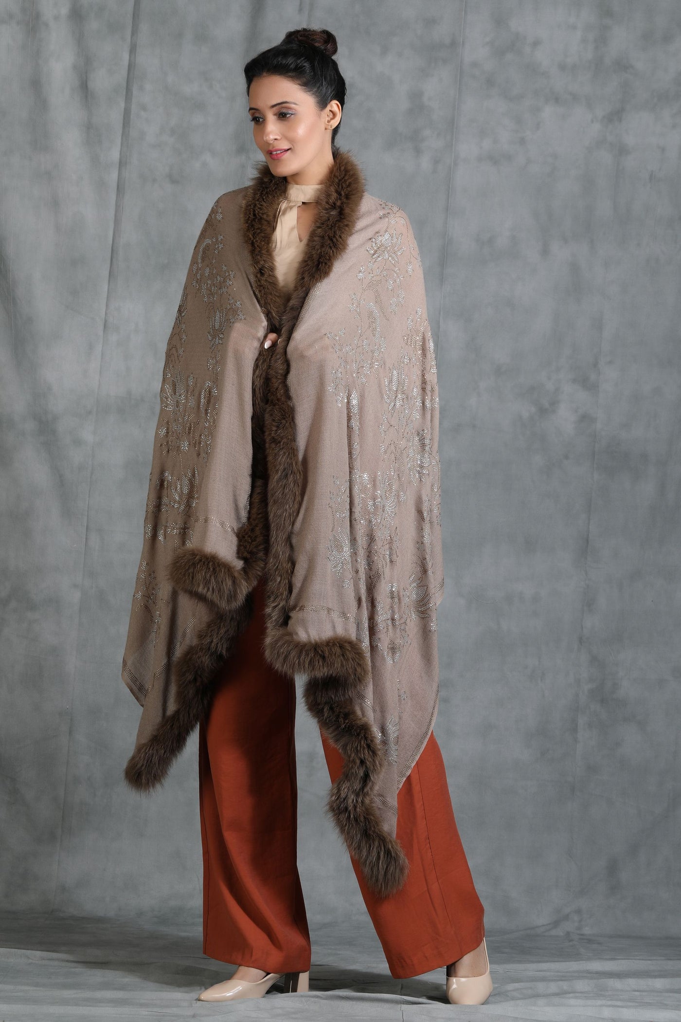 -  Cashmere Lotus Design Swarovski Stone Work Fur Stole