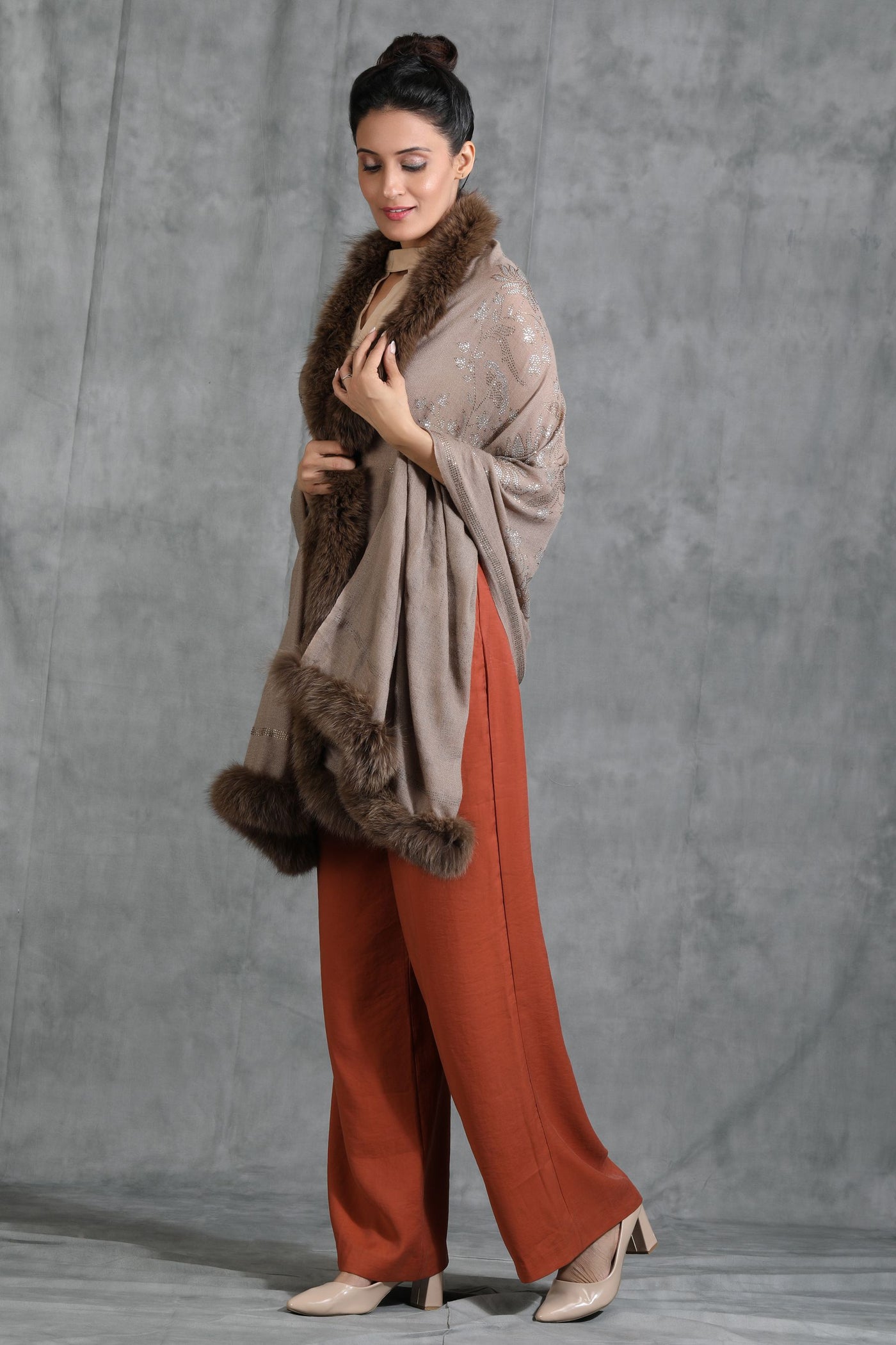 -  Cashmere Lotus Design Swarovski Stone Work Fur Stole