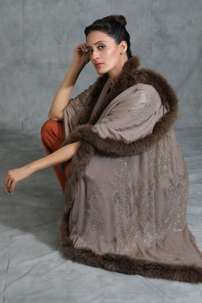 -  Cashmere Lotus Design Swarovski Stone Work Fur Stole