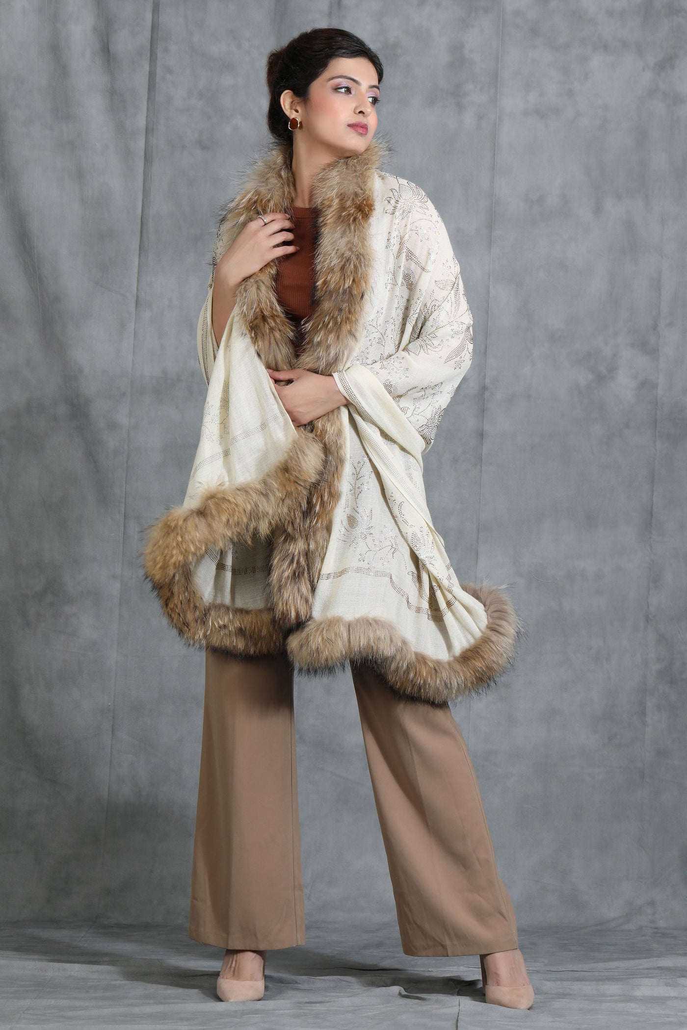 -  Cashmere Lotus Design Swaroski Stone Work Fur Stole