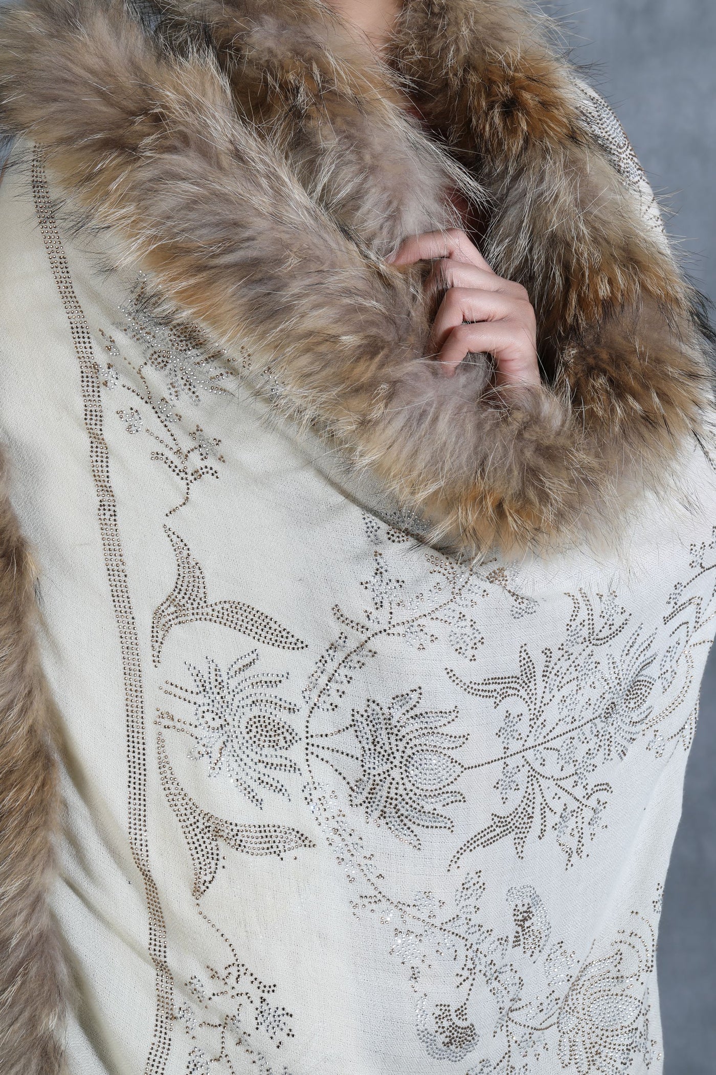 -  Cashmere Lotus Design Swaroski Stone Work Fur Stole
