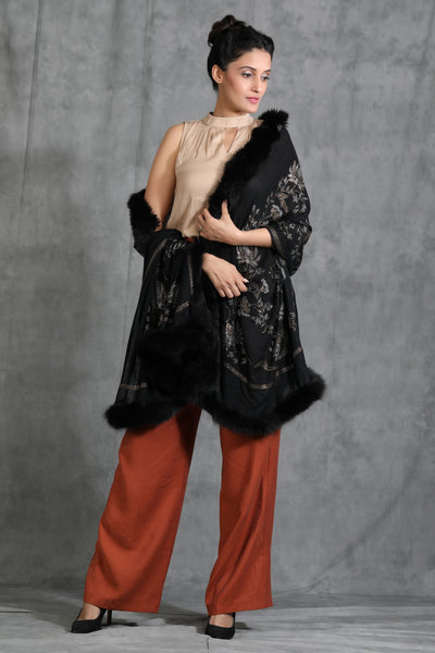 -  Cashmere Lotus Design Swaroski Stone Work Fur Stole