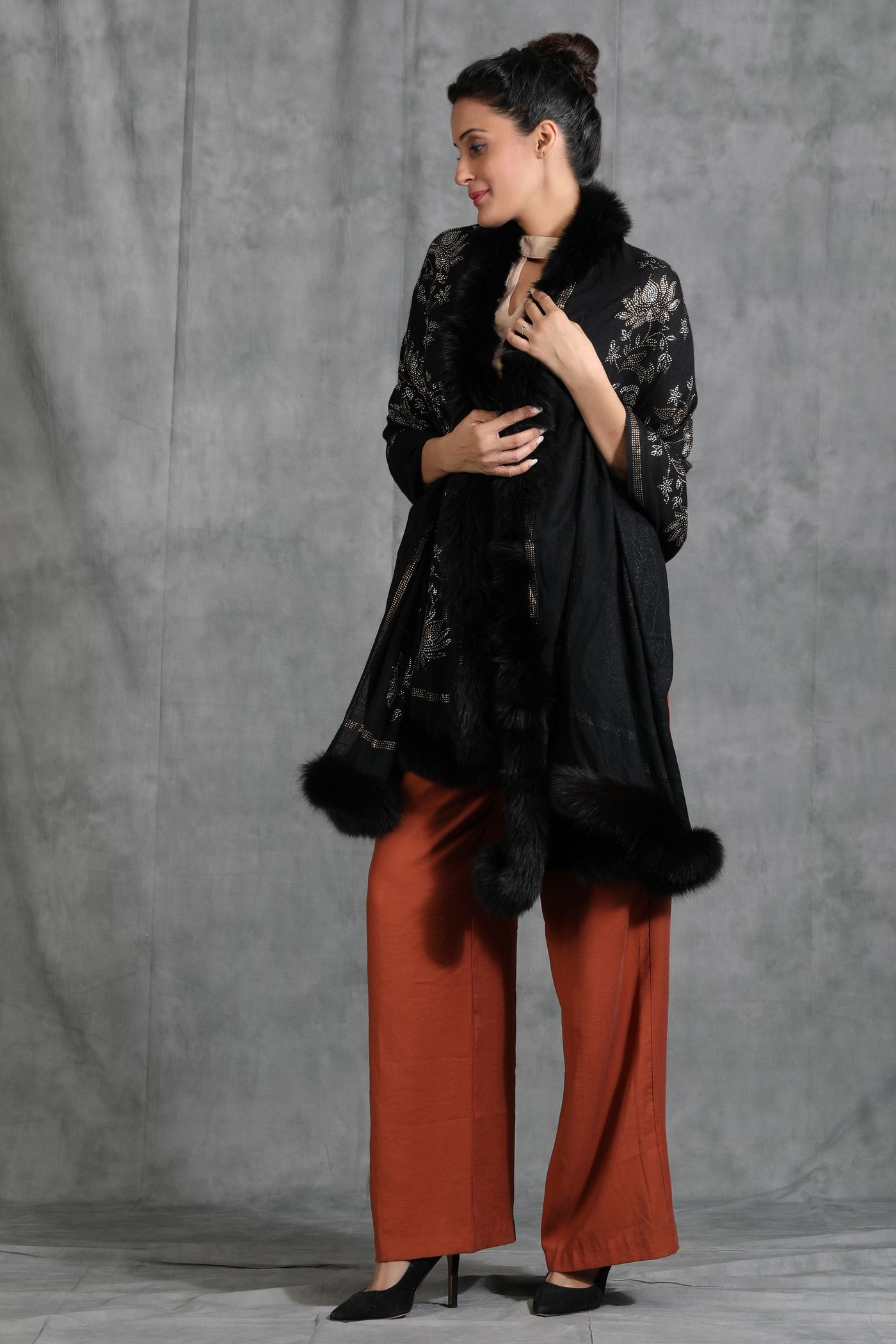 -  Cashmere Lotus Design Swaroski Stone Work Fur Stole