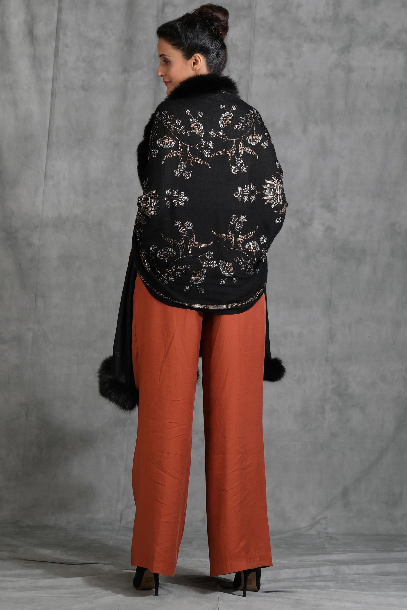 -  Cashmere Lotus Design Swaroski Stone Work Fur Stole