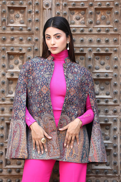 -  Blue Cape Jacket With Paisley Design