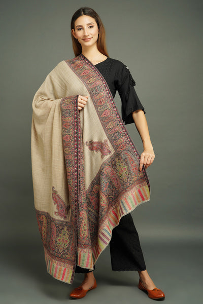 -  Pashmina Wool In Antique Jamawar Border With Paisley Work