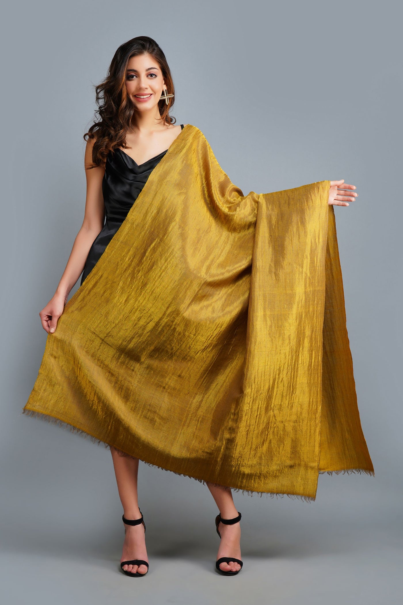 -  Handwoven Golden Zari Pashmina Shawl